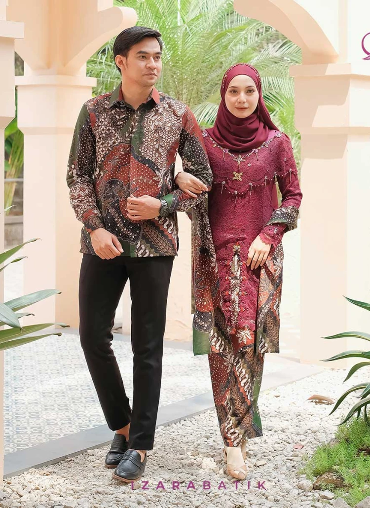 Zivana Burgundy Set Kebaya Batik Modern Couple Wisuda Lamaran Full Payet Tunangan Kondangan Bridesmaid