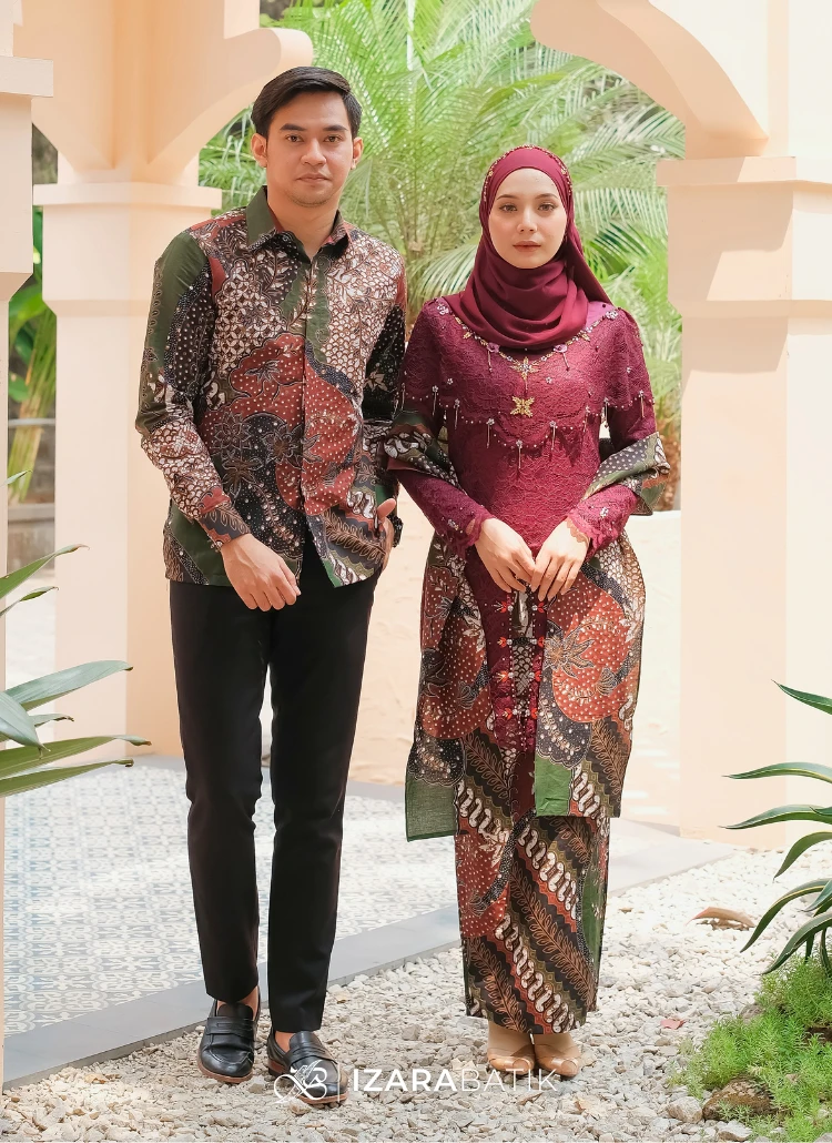 Zivana Burgundy Set Kebaya Batik Modern Couple Wisuda Lamaran Full Payet Tunangan Kondangan Bridesmaid