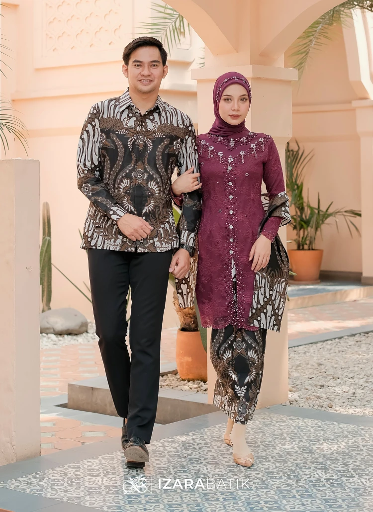 Kebaya Anggita Burgundy Setelan Baju Kebaya Batik Modern Couple Wisuda Lamaran Kondangan